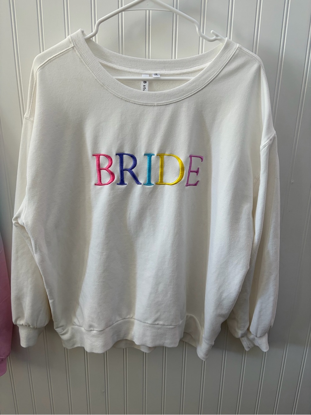 White 'BRIDE' Embroidered Sweatshirt with Rainbow Letters. NEW socks
